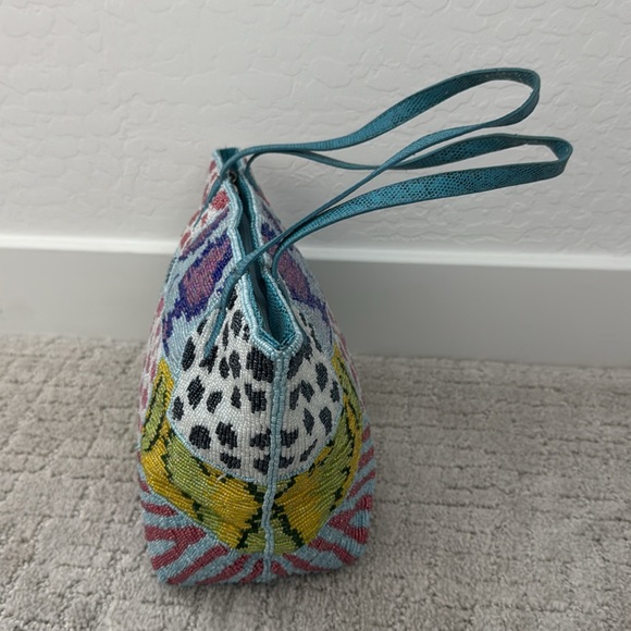 Fully beaded multicolor patchwork mini tote bag pattern zip top European - Picture 3 of 12